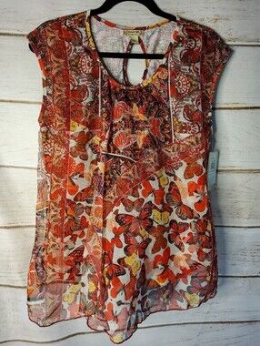 Energe' World Wear Vintage Lightweight Butterfly Print Sheer Top